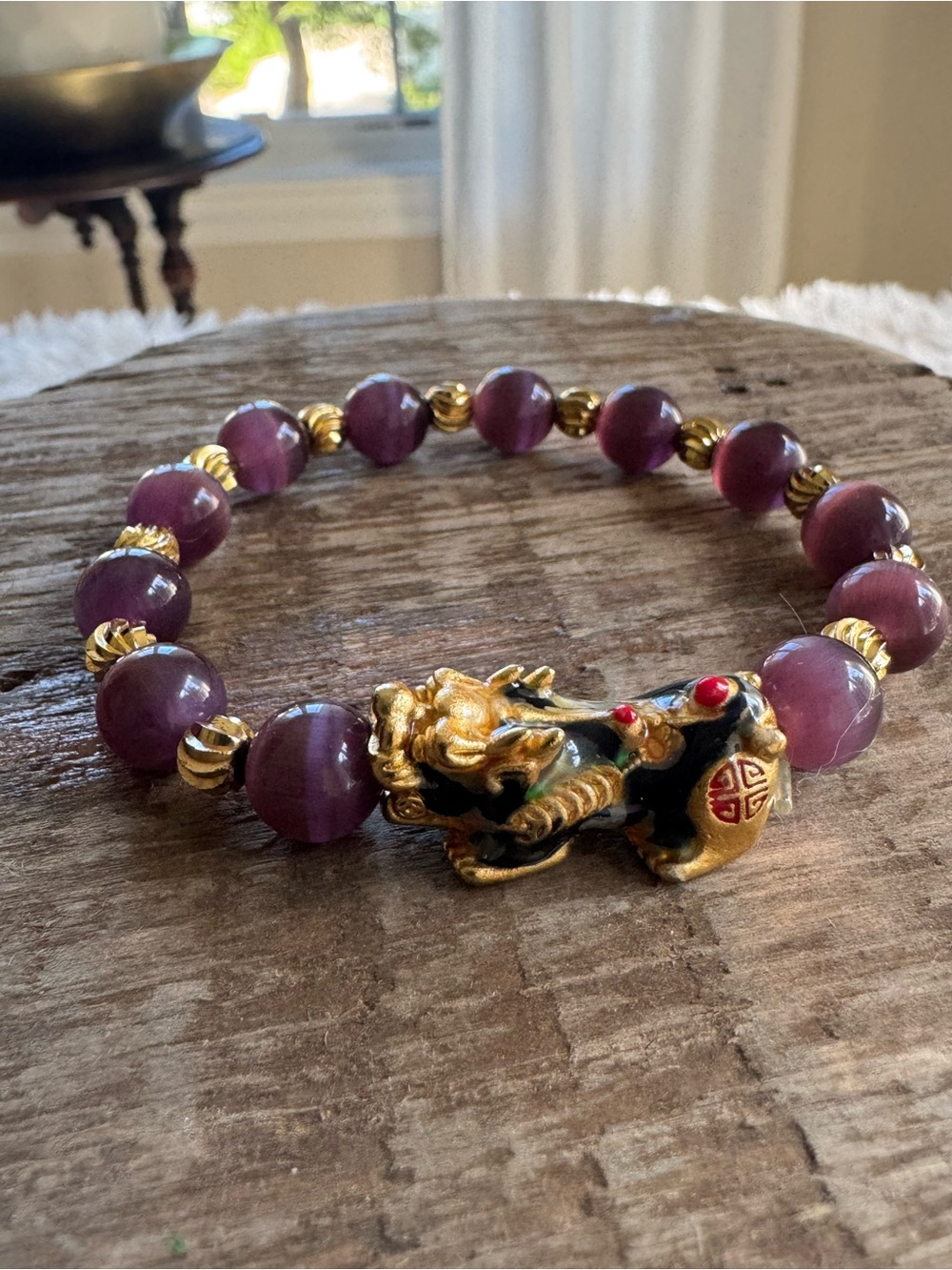 Purple Bead Feng Shui Bracelet with Gold Pixiu Accent